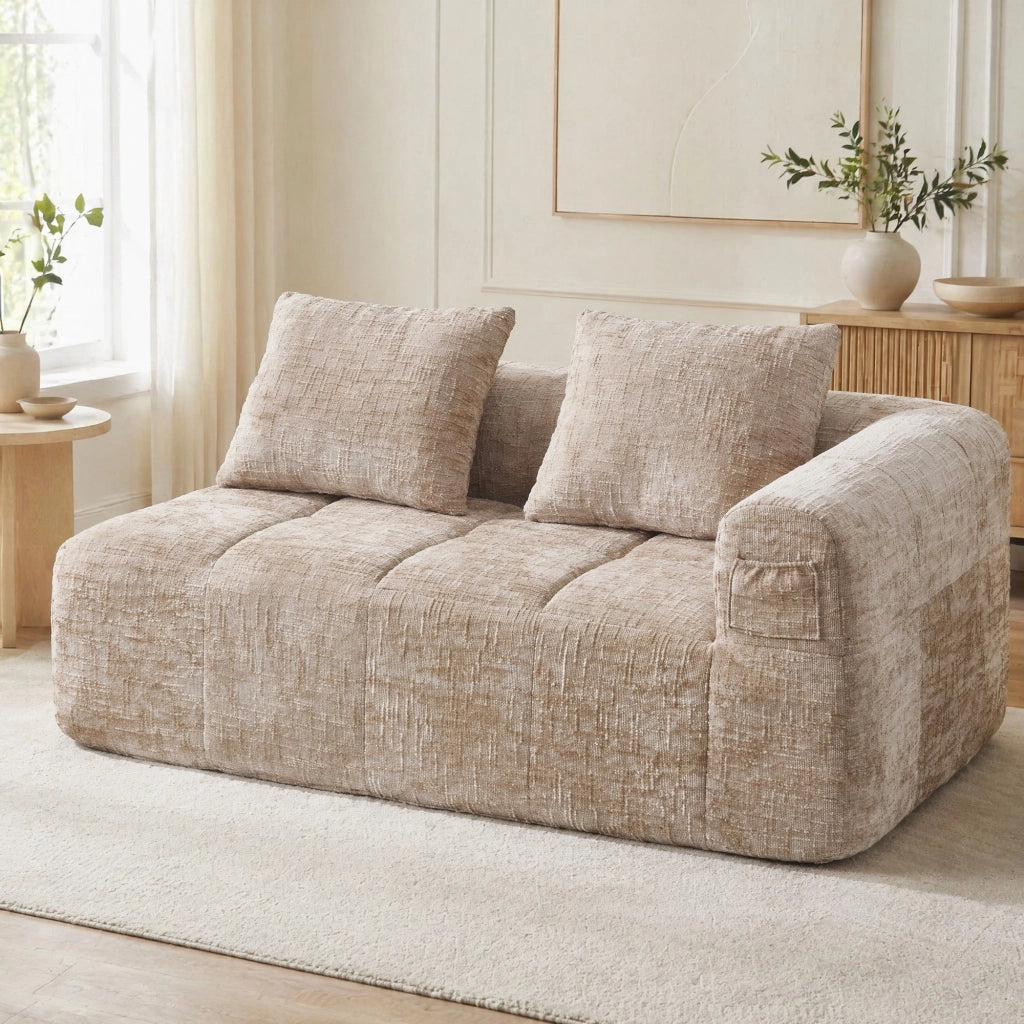 DIVANO Chaise longue 158x90x60 cm in Chenille Khaki con tasche laterali e cuscino