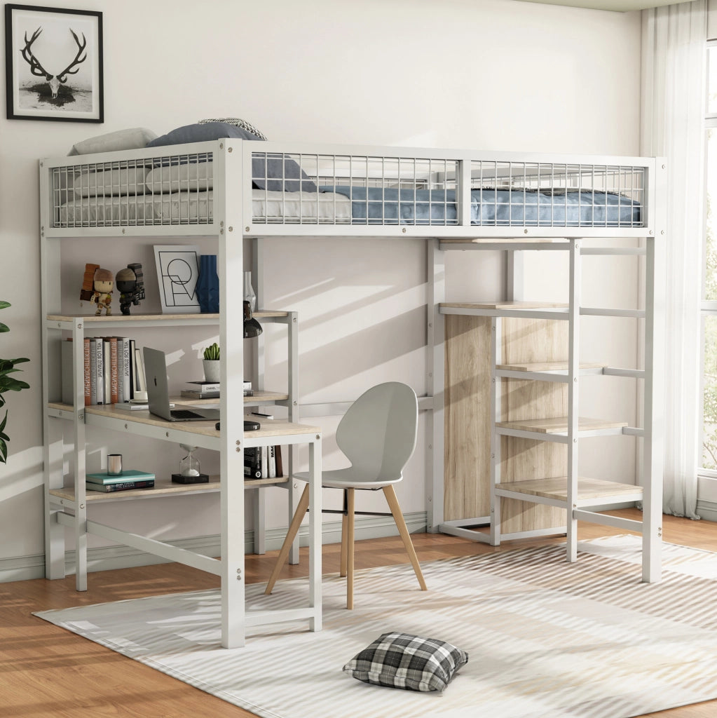 Letto a soppalco 140x200 cm con scrivania e armadio, bianco