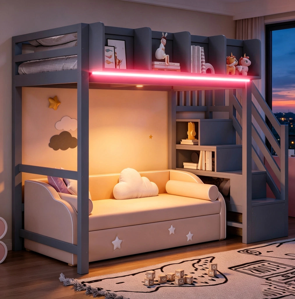 Letto a soppalco 90x200 cm con LED; ripiani e scala con vani in pino; grigio