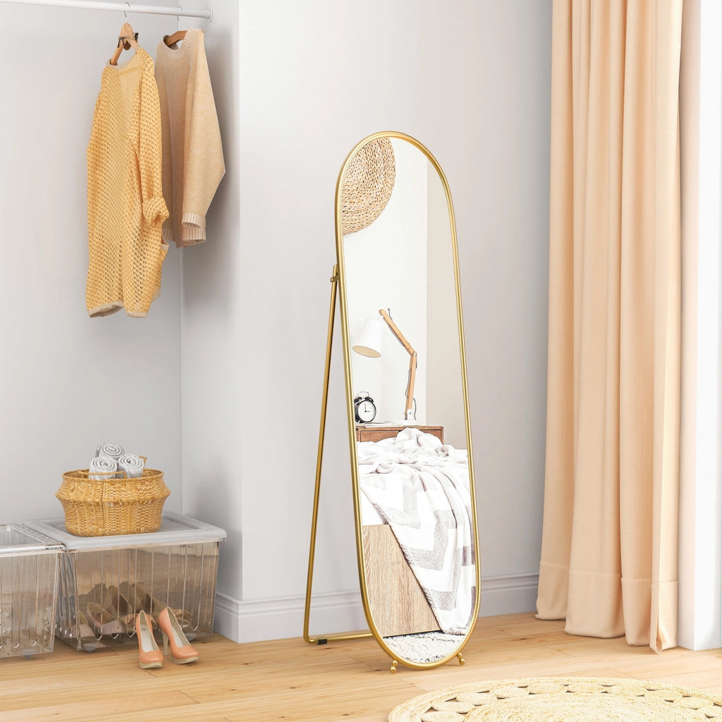 Specchio da terra ovale 160x40 cm con supporto richiudibile e telaio in metallo oro