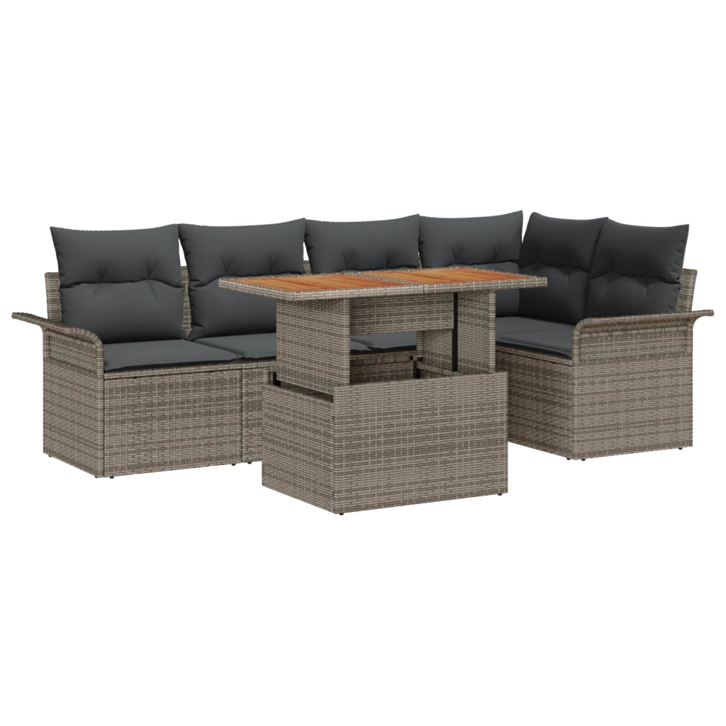 Set da Pranzo da Giardino in 6 Pezzi con Cuscini Grigio in Polyrattan e Acacia