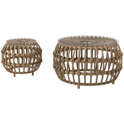 Set di 2 tavolini laterali in poliuretano in rattan da 66/42 cm con tavolino rotondo impermeabile con piano in vetro marrone