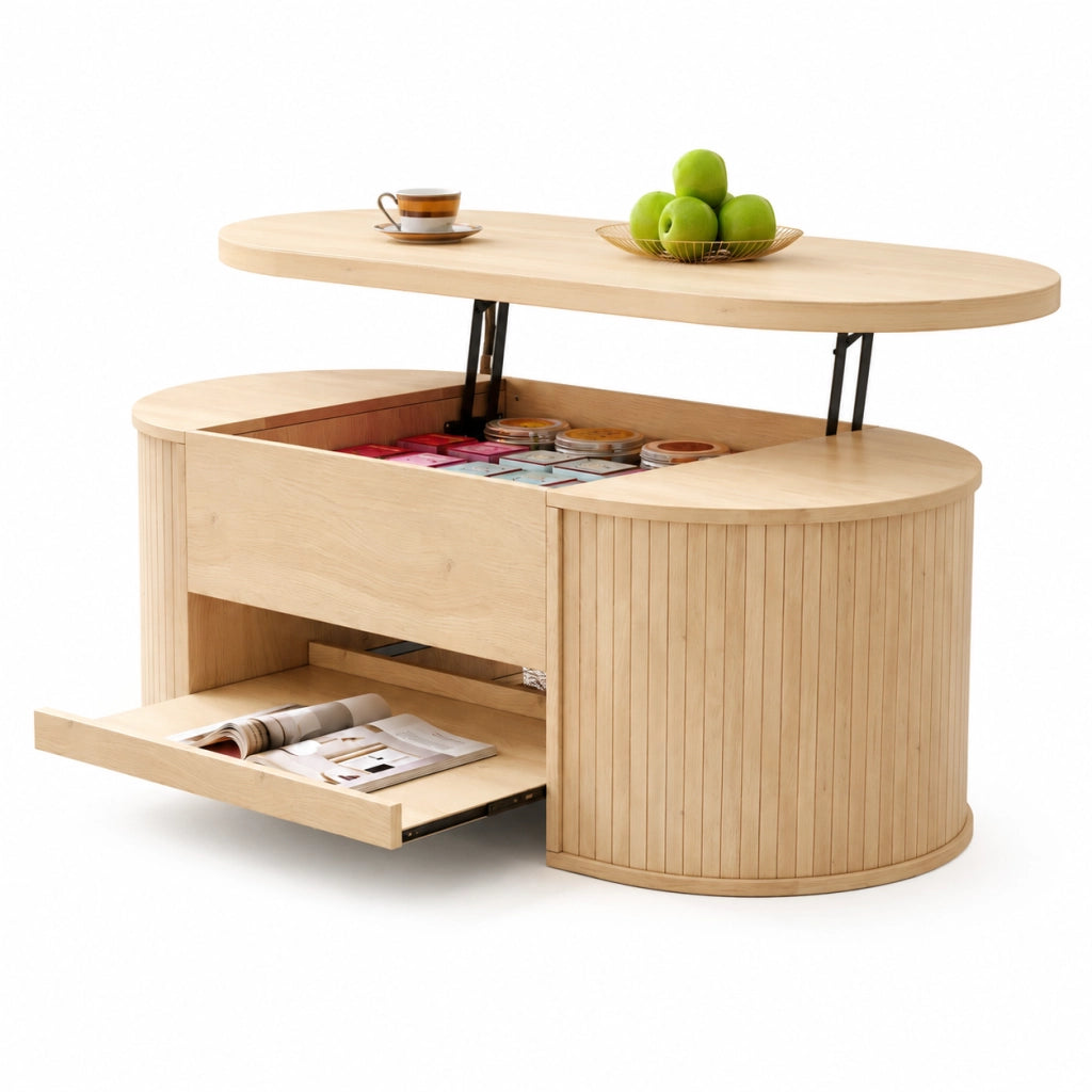 Tavolino da caffè 110x55.5x40 cm; altezza regolabile con piano sollevabile; MDF; colore naturale