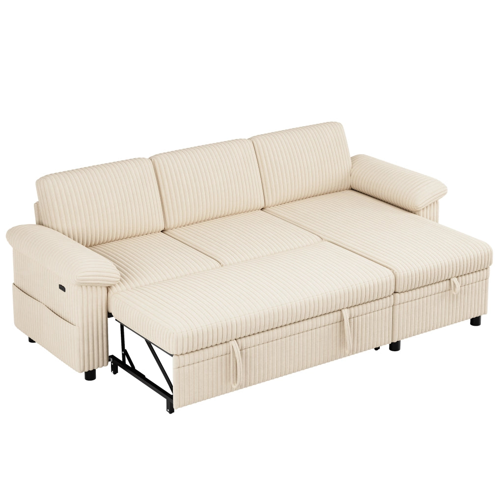 Divano angolare letto 3 posti - con contenitore e schienale regolabile - in corduroy beige