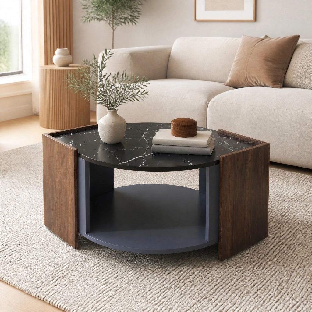 TAVOLINO DA CAFFÈ 96,5x63x40 cm Effetto marmo nero e legno, vano contenitore