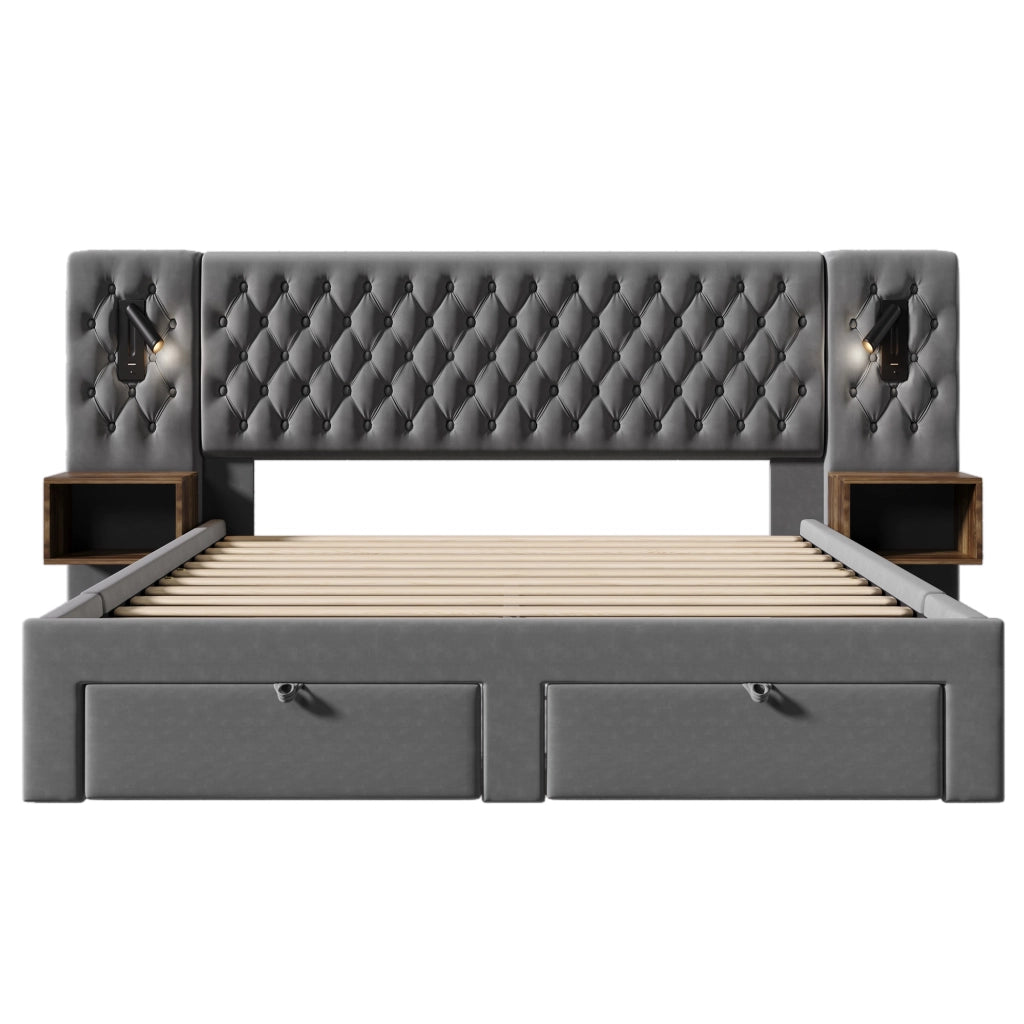 Letto 160x200 cm con 2 comodini; 4 cassetti e USB; velluto grigio