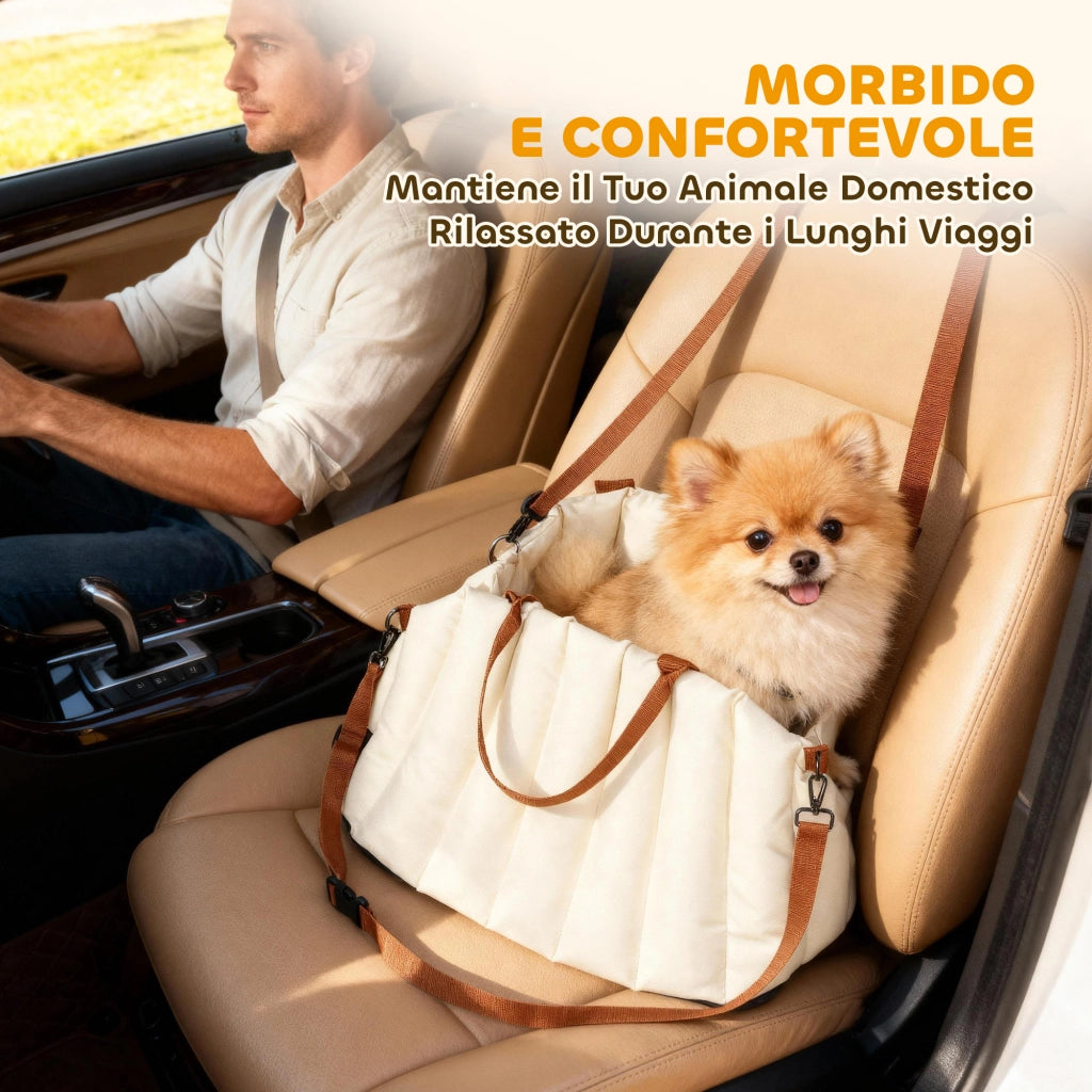 Seggiolino Auto per Cani Piccoli con Guinzaglio e Base Antiscivolo Convertibile in Borsa in Tessuto Oxford Crema