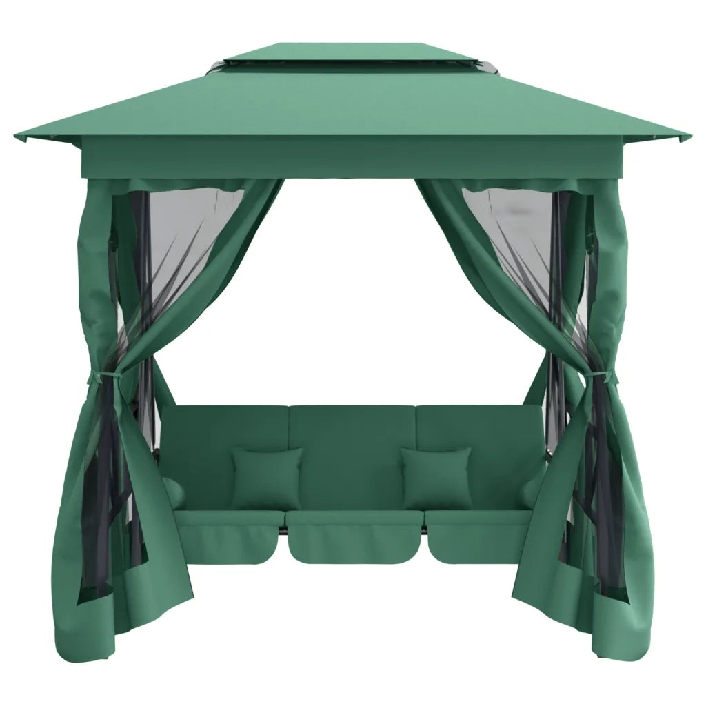 Gazebo con Panca a Dondolo Convertibile Verde Tessuto e Acciaio 363327