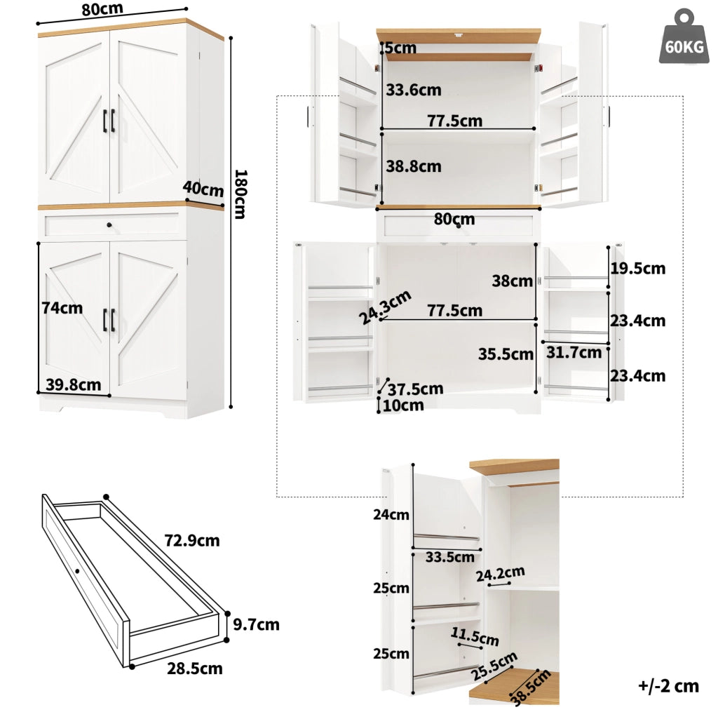 Credenza alta 80x40x180 cm con ripiani aperti e cassetti in MDF bianco