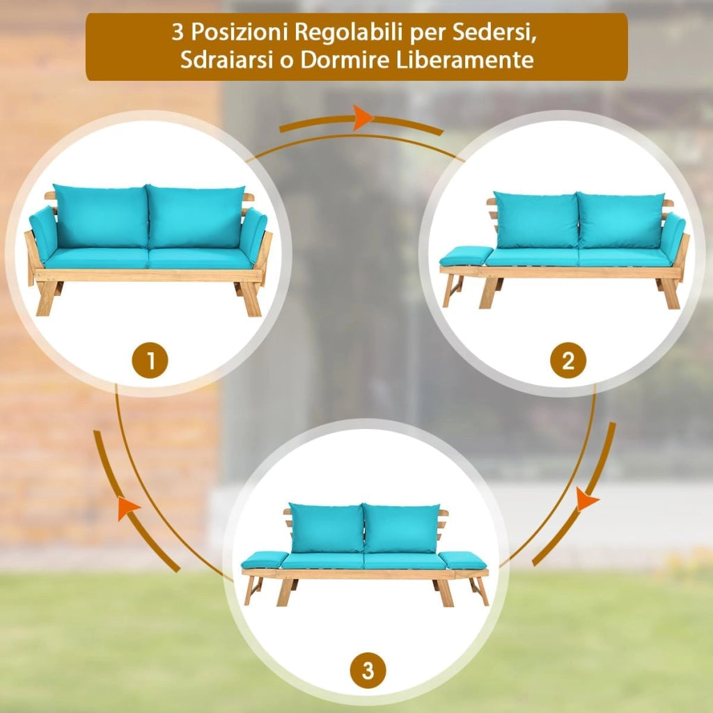 Divano Letto 2 Posti da Esterno in Legno di Acacia con Braccioli Regolabili, Sdraio da Giardino con Cuscini, Chaise longue Pieghevole per Giardino, Piscina, Cortile (Turchese)