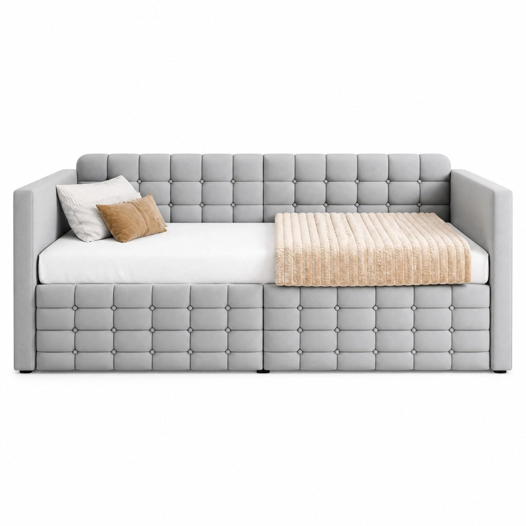 Letto imbottito 90x190 cm con testiera capitonn¨¦, 2 cassetti e tasche laterali, velluto grigio chiaro