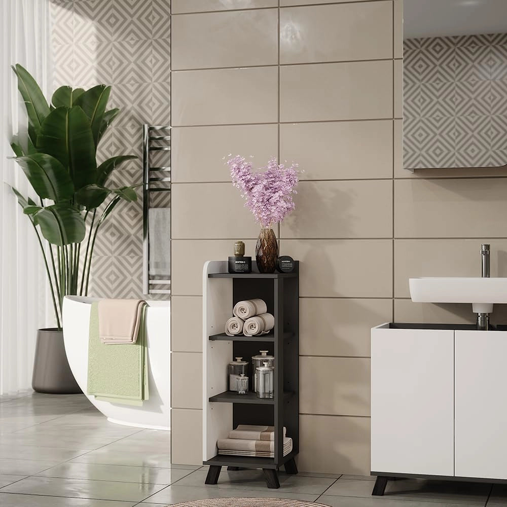 Mobiletto midi Karen, Antracite/bianco, 30 x 90 cm con 4 ripiani, adatto per la conservazione di articoli da bagno e asciugamani