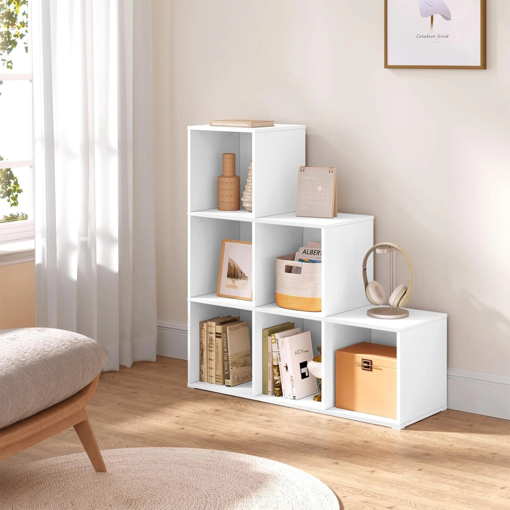 Libreria con 6 Cubi, Scaffale con Scomparti Aperti per Libri, Decorazioni, Piante, Legno Ingegnerizzato Bianco, Camera da Letto, Soggiorno, Ufficio, 90x30x90cm, SK061ws