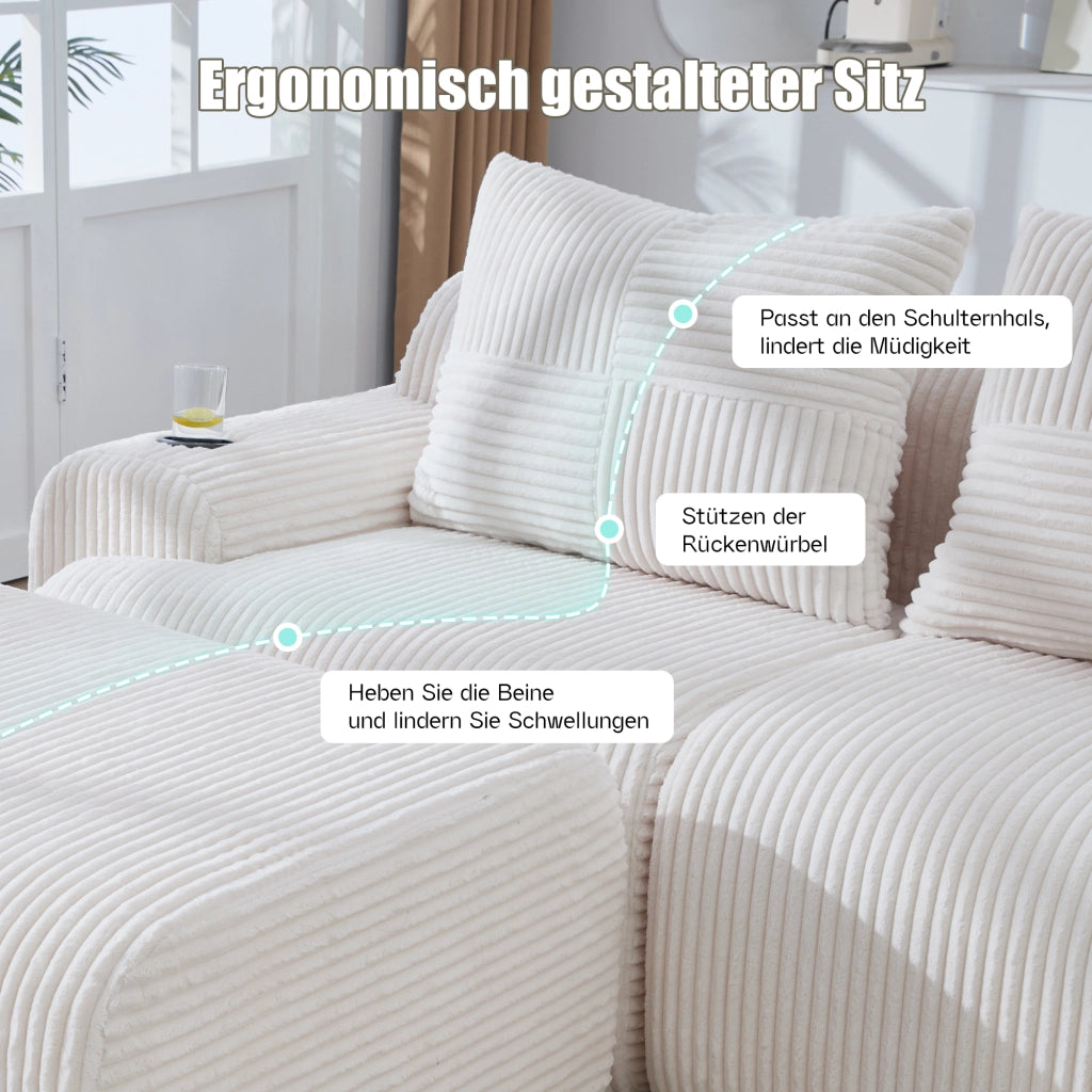 Divano modulare 3 posti con portabicchieri e tasca laterale in tessuto corduroy beige 268 × 174 × 66 cm