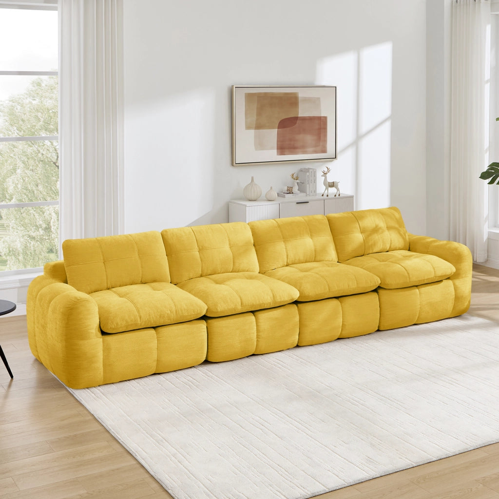 Divano modulare 4 posti in chenille con seduta ampia e profonda, cuscini morbidi e senza montaggio giallo