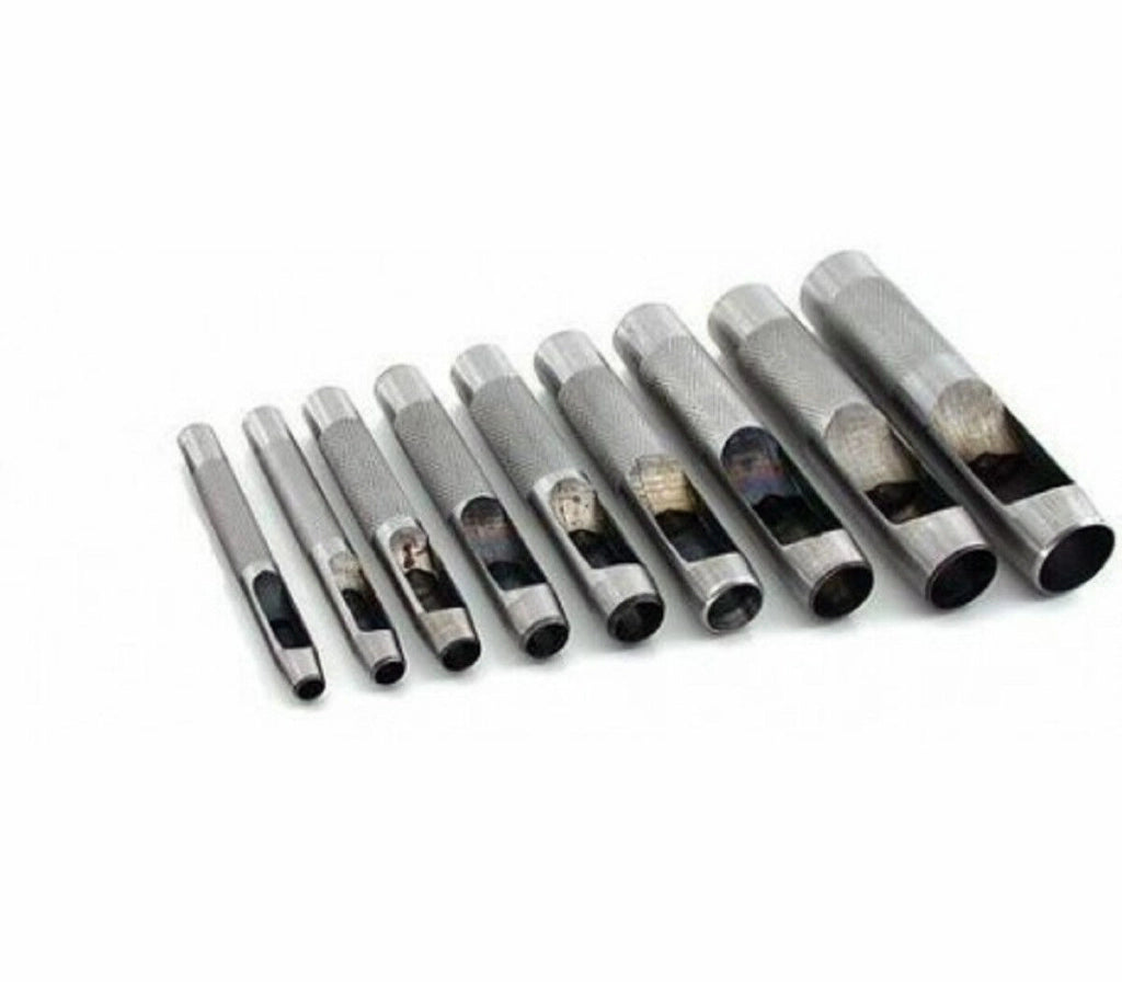 FUSTELLE IN ACCIAIO SET 9 PZ  PER CUOIO LAMIERE STOFFA PLASTICA LEGNO PUNZONI