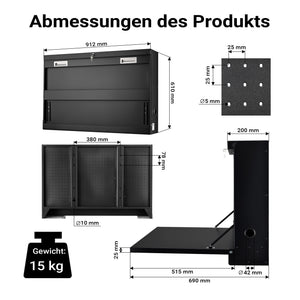 Banco da lavoro pieghevole a parete, portata fino a 50 kg, tavolo richiudibile con pannello porta attrezzi forato, in acciaio, 91,2 x 69 x 61 cm, con 2 chiavi, ideale per officine e garage