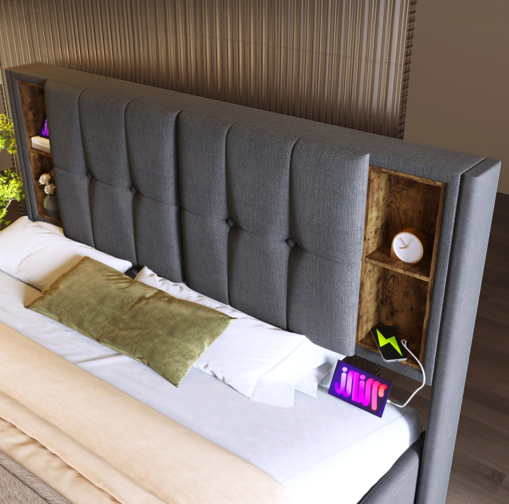 Letto matrimoniale imbottito 140x200 cm grigio in cotone con ricarica wireless; USB e contenitore