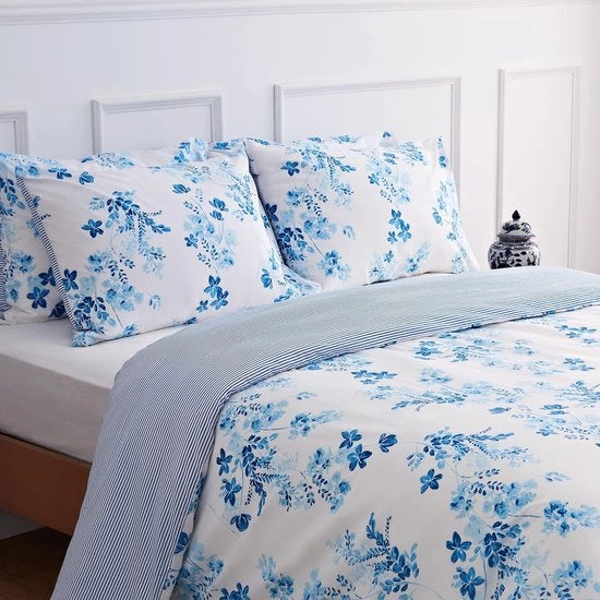 Set di coperte 135 x 200 cotone a righe invertibili fiori blu coperte da letto (135 x 200 + 80 x 80 cm)