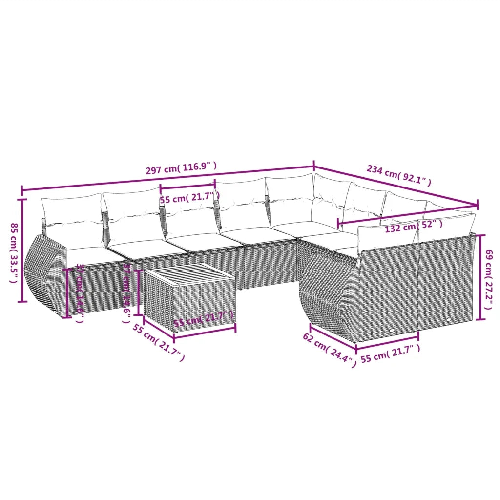 Set Divano da Giardino 10 pz con Cuscini Beige in Polyrattan 3257494