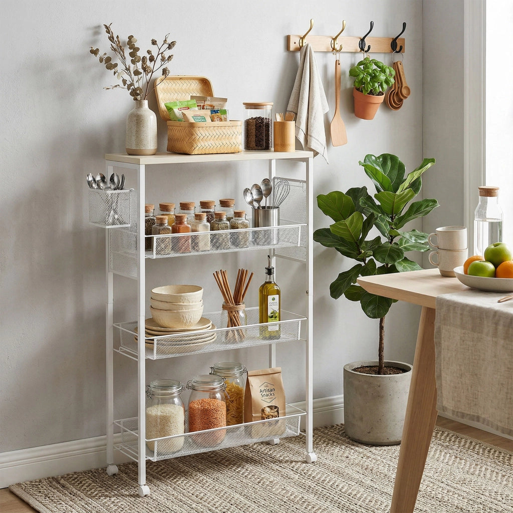 Carrello da cucina con ruote e cestini ¨C zephmum ¨C bianco 58x18.5x87 cm
