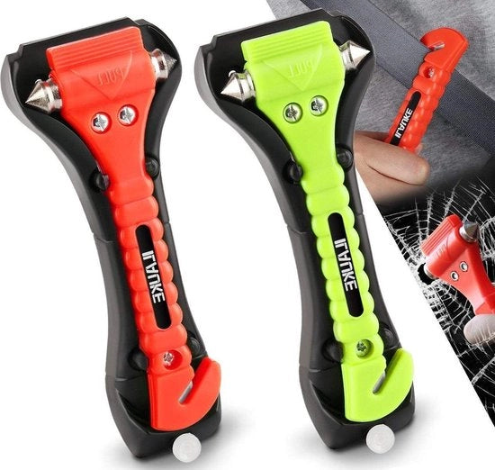 Noodhamer Auto 2 in 1 con Cinturonesnijder e Punti Rigidi - Kit di Emergenza Survival per Autobus e Camion - Noodhamer 2 in 1 con 2 Colori