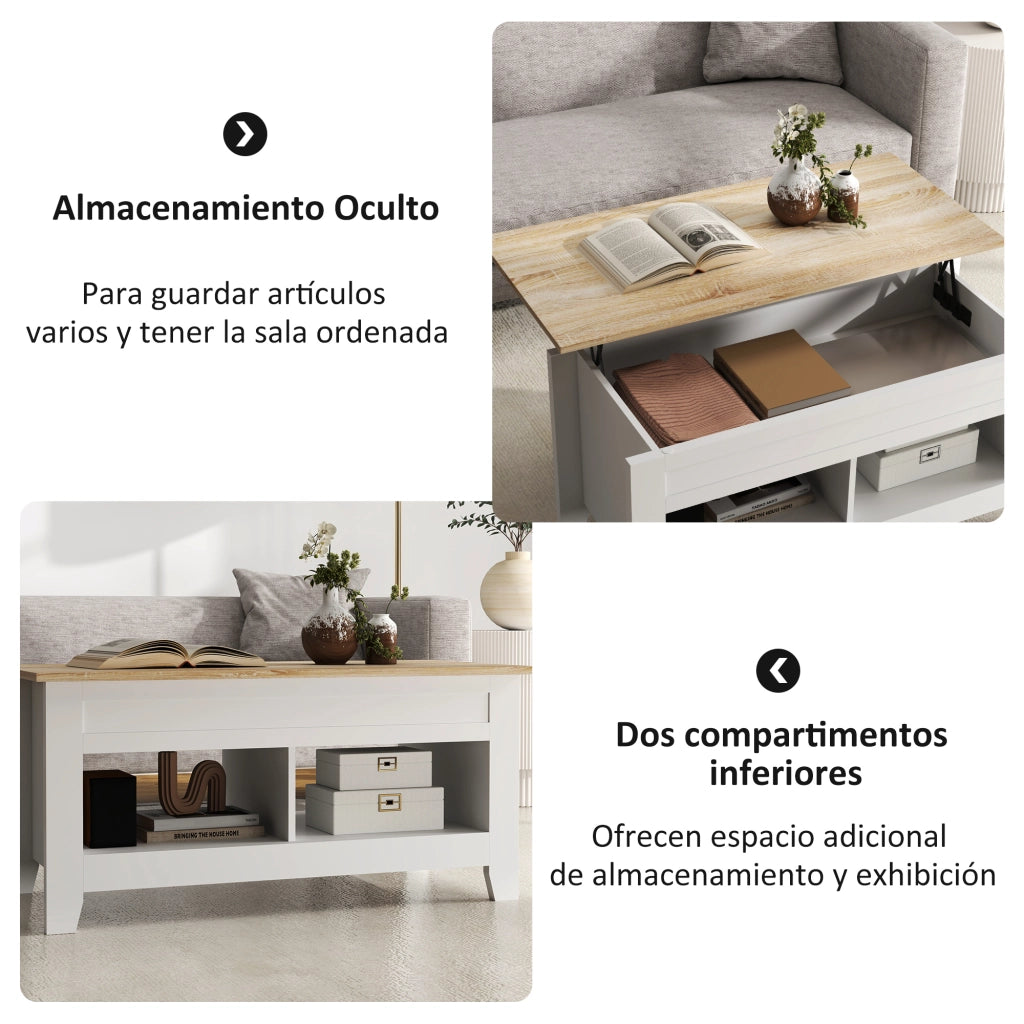 Tavolino da salotto elevabile con spazio di archiviazione ¨C zephmum ¨C bianco e naturale 105x50x49 cm