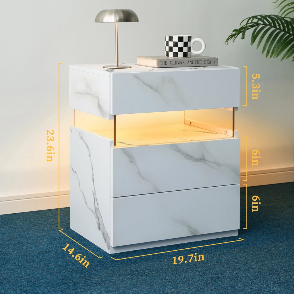Comodino con luce LED e 3 cassetti in legno ingegnerizzato con pannello acrilico per camera da letto, bianco