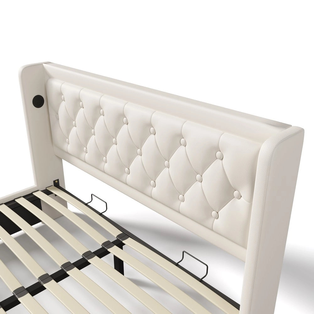 Letto Contenitore Matrimoniale Imbottito con LED e USB ¨C Xylo ¨C Bianco, 140x200, Idraulico, Similpelle