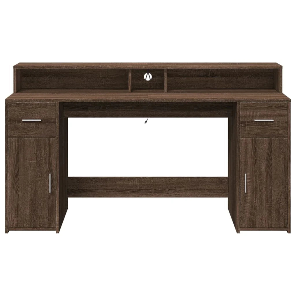 Scrivania tavolo postazione di lavoro mobile per computer studio e luci a LED legno ingegnerizzato di rovere marrone 02_0023794
