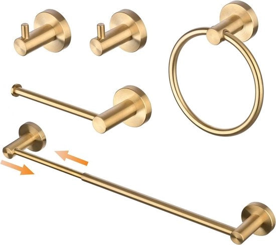 Set di asciugamani per la doccia - 5 pezzi - attacco per asciugamani - anello per asciugamani - supporto per carta igienica - ganci per asciugamani x 2 - finitura dorata - acciaio inossidabile - supporto per asciugamani per parete