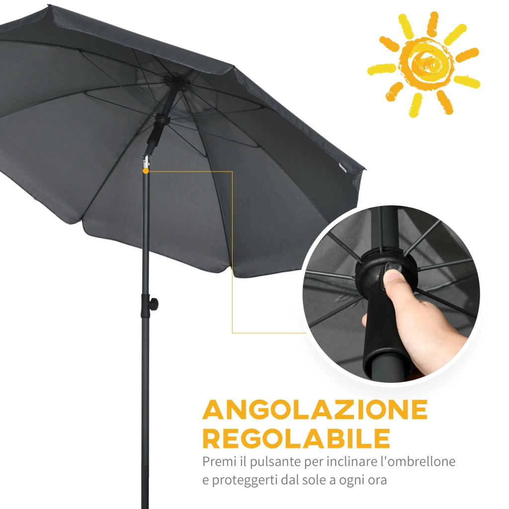 EasyComfort Ombrellone da Spiaggia 1.8x2 m, in Poliestere e Acciaio a 8 Stecche con Reclinazione a 45°, Grigio