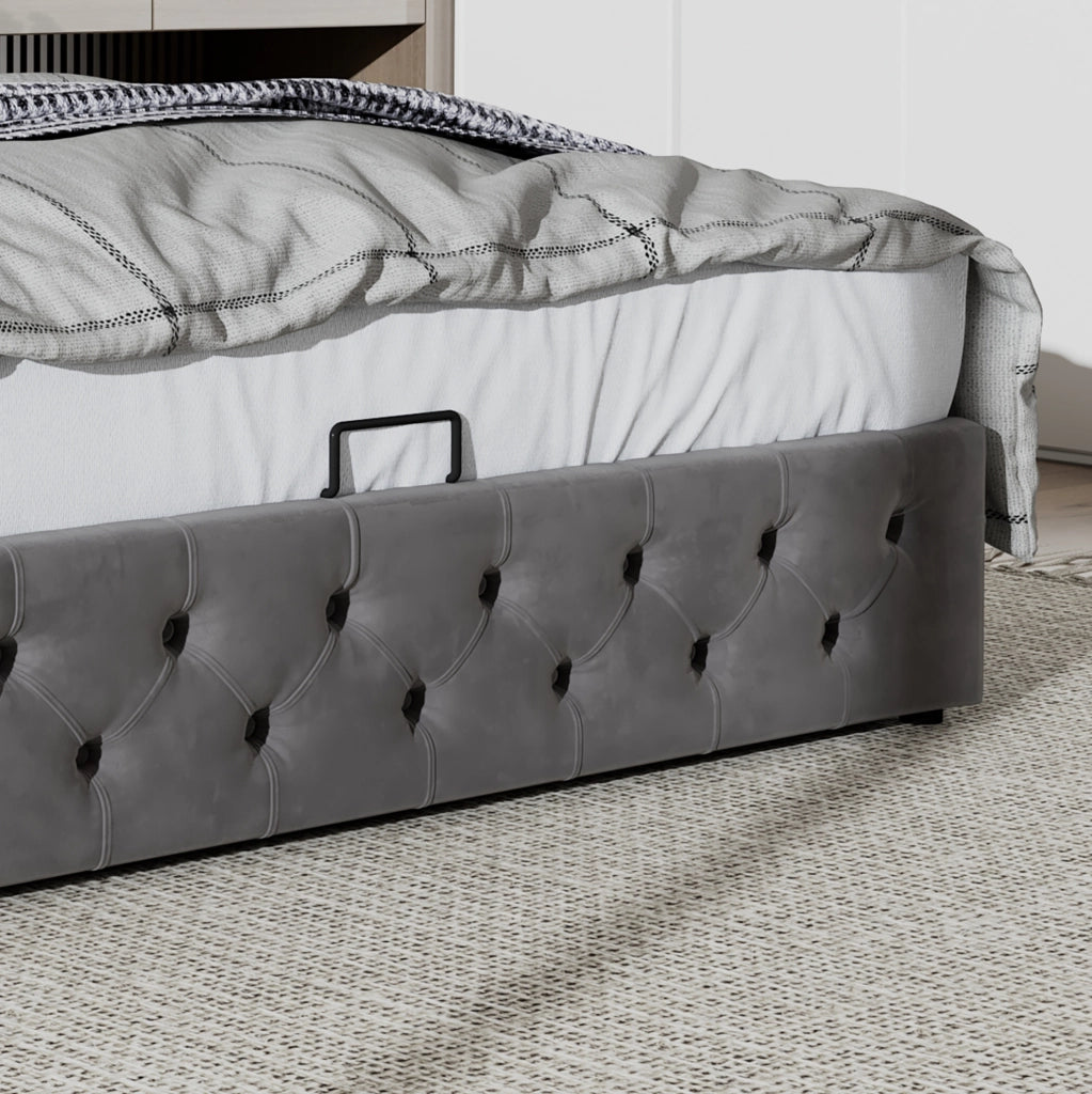 Letto imbottito contenitore 160x200 cm in velluto grigio; stile Chesterfield