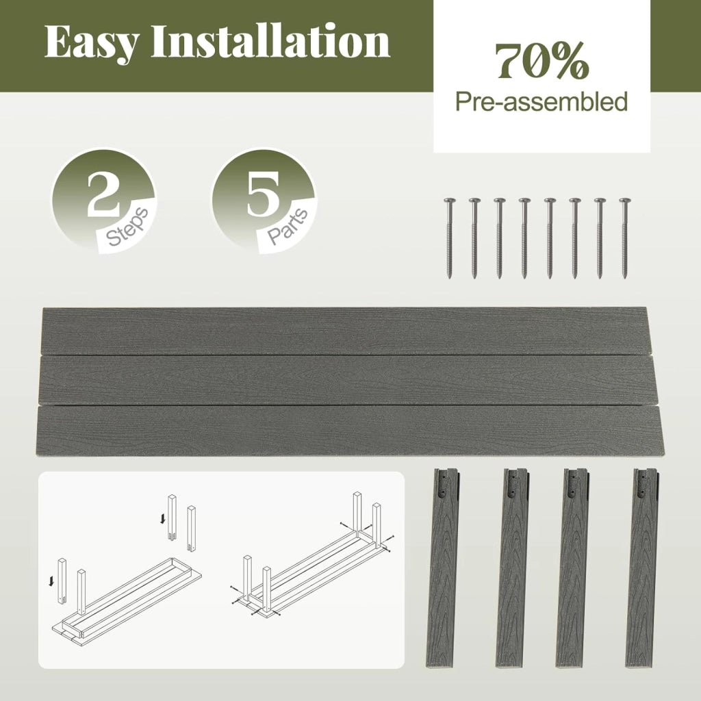 Panca da giardino resistente alle intemperie, per 3 persone, panca da balcone senza schienale, effetto legno, in plastica, portata fino a 340 kg, per esterni, 140 x 35 x 45 cm (grigio)