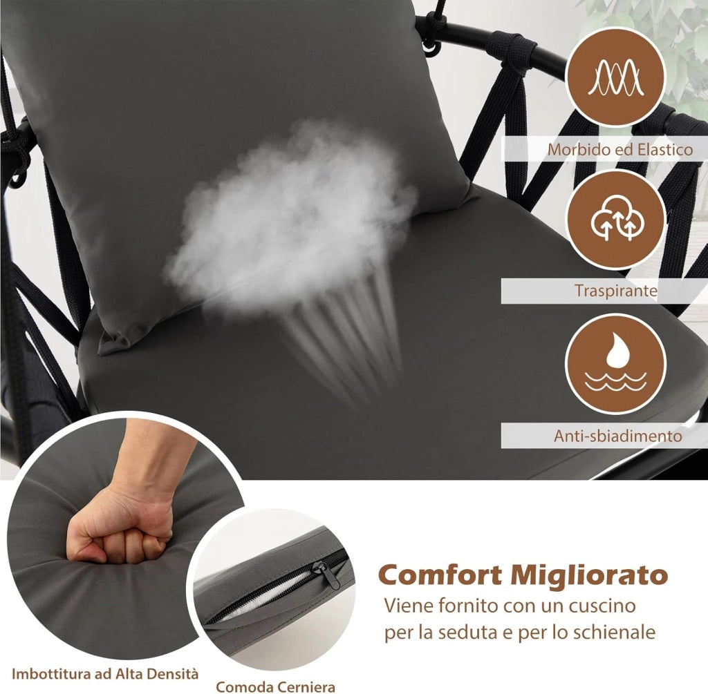 Sedia Sospesa Pieghevole con Supporto, Poltrona Sospesa Corda con Cuscini per Seduta e Schienale, Telaio in Metallo, Sedia Amaca per Interno, Esterno, Balcone e Giardino, Portata 150 kg