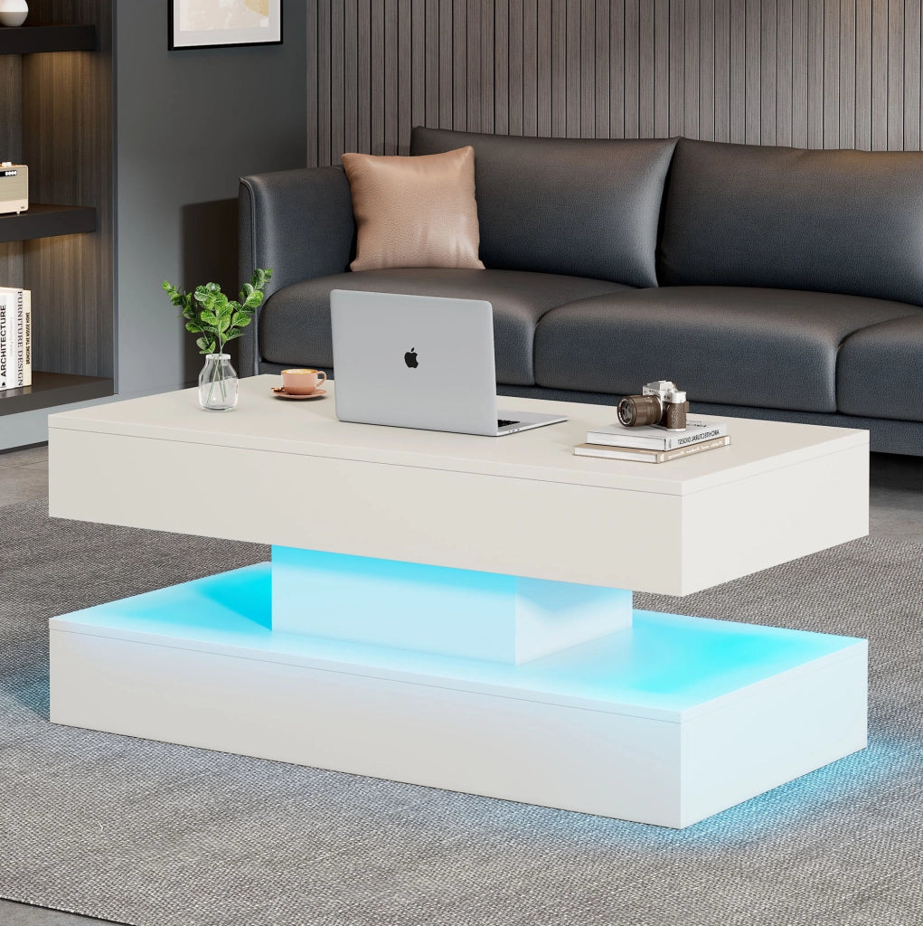 Tavolino da caffè rialzabile con LED Bluetooth; vano contenitore e prese EU; 100x50x42 cm; bianco