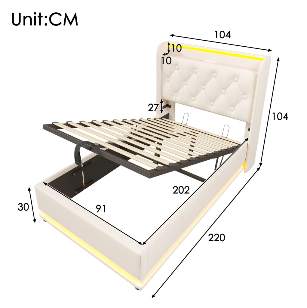 Letto singolo imbottito 90x200 cm in PU bianco con LED; USB e contenitore idraulico