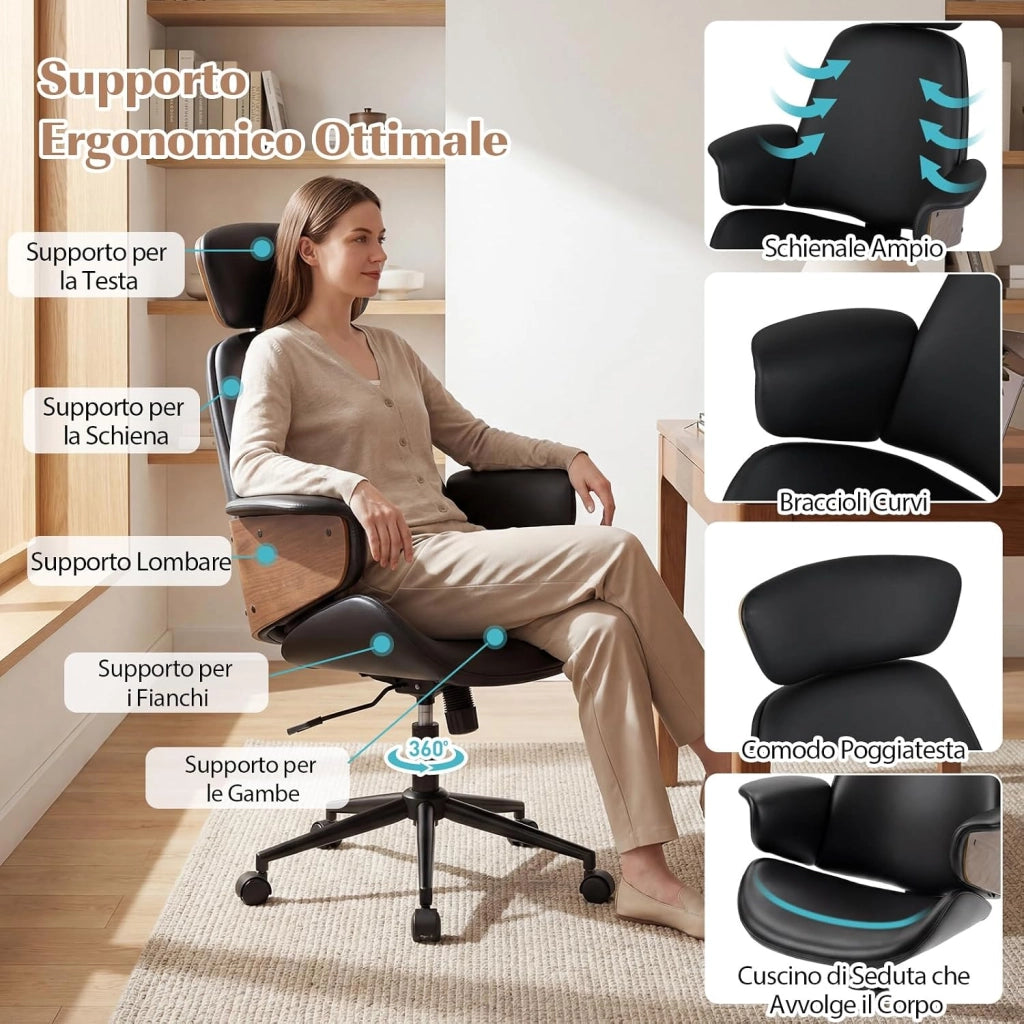 Sedia da Ufficio Ergonomica con Poggiatesta, Sedia Scrivania Imbottita con Altezza Regolabile e Schienale Inclinabile, Poltrona Computer con Braccioli e 5 Ruote Girevoli, Portata 110 kg