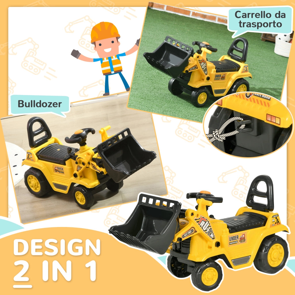 Escavatore per Bambini con Benna e Spazio Contenitore a Scomparsa, in PP e ABS, 80x26.5x39 cm, Giallo e Nero