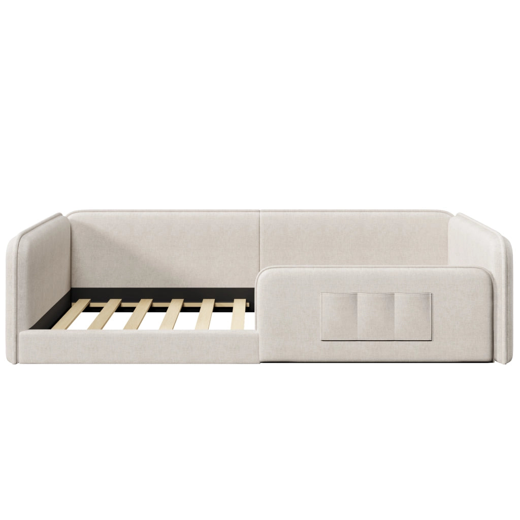 Letto a piattaforma 90x200 cm con rivestimento in lino beige e bordo imbottito di sicurezza