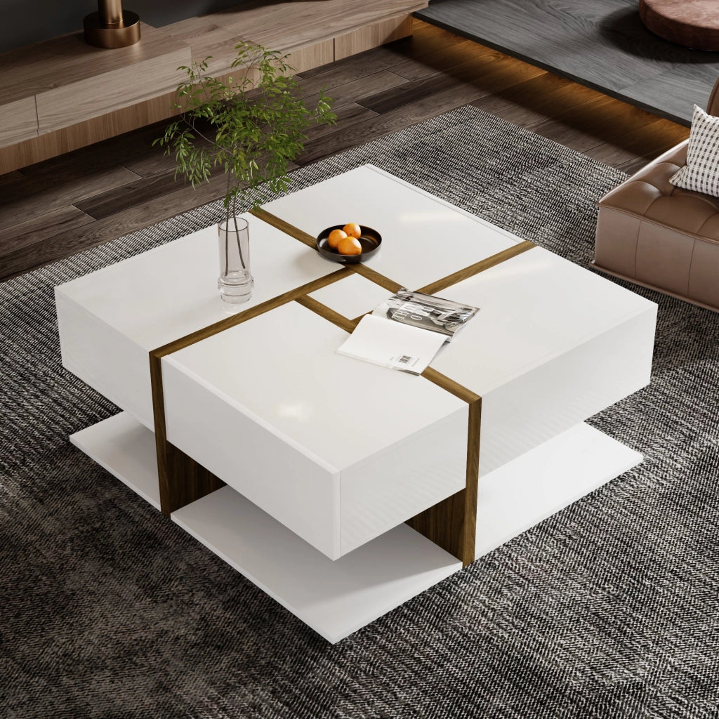 Tavolino da caffè 78x78x34.8 cm; 4 cassetti con finitura lucida e ripiano inferiore; truciolato bianco