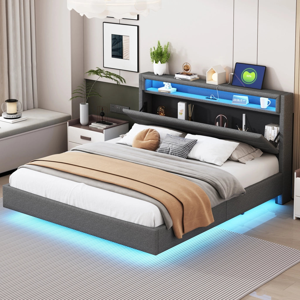 OKWISH Letto Imbottito 160×200 cm, Letto Matrimoniale con USB, LED Regolabile e Testiera Reversibile, senza Materasso, in Tessuto Grigio