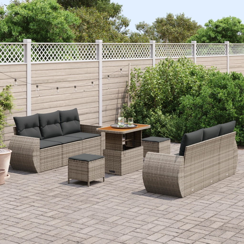 Set di Divani da Giardino da 9 Pezzi con Cuscini Grigio Polyrattan Acacia