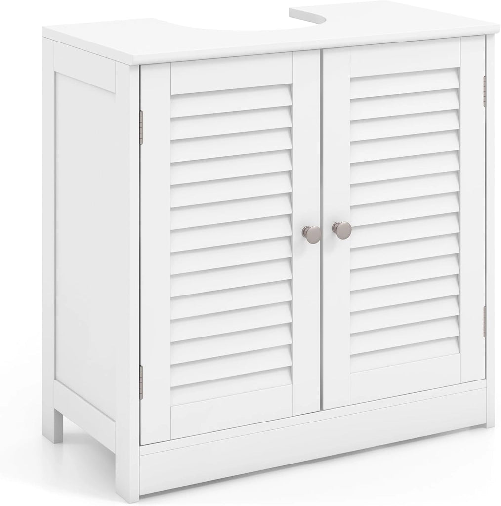 Mobile Sottolavabo per Bagno, Armadietto a Terra con 2 Ante a Persiana, Ripiano e Taglio a U 24 x 20cm, Organizer Moderno e Salvaspazio per Prodotti da Toeletta e Asciugamani, Bianco