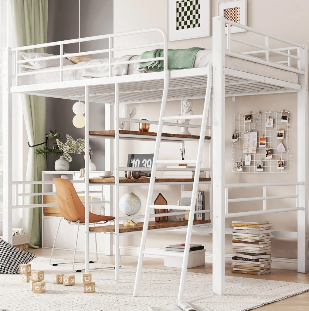 Letto a soppalco 90x200 cm in metallo con scrivania, ripiani e scala, bianco
