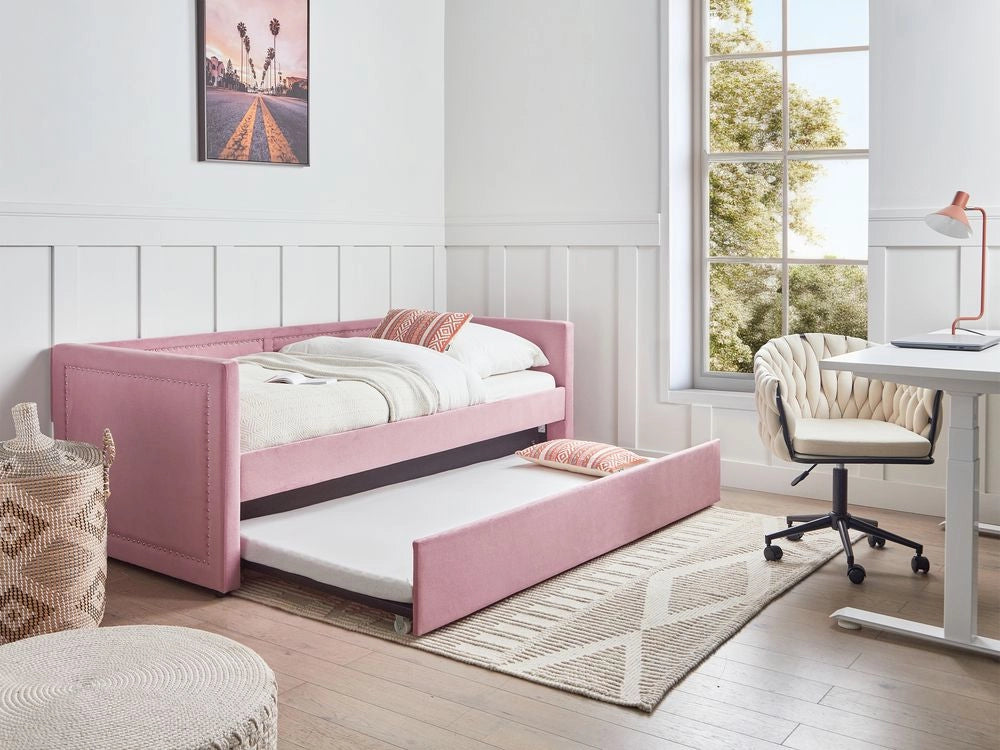 Letto da giorno estraibile rosa velluto a coste misura singola 90 x 200 con rete a doghe Nailhead Trim Glam