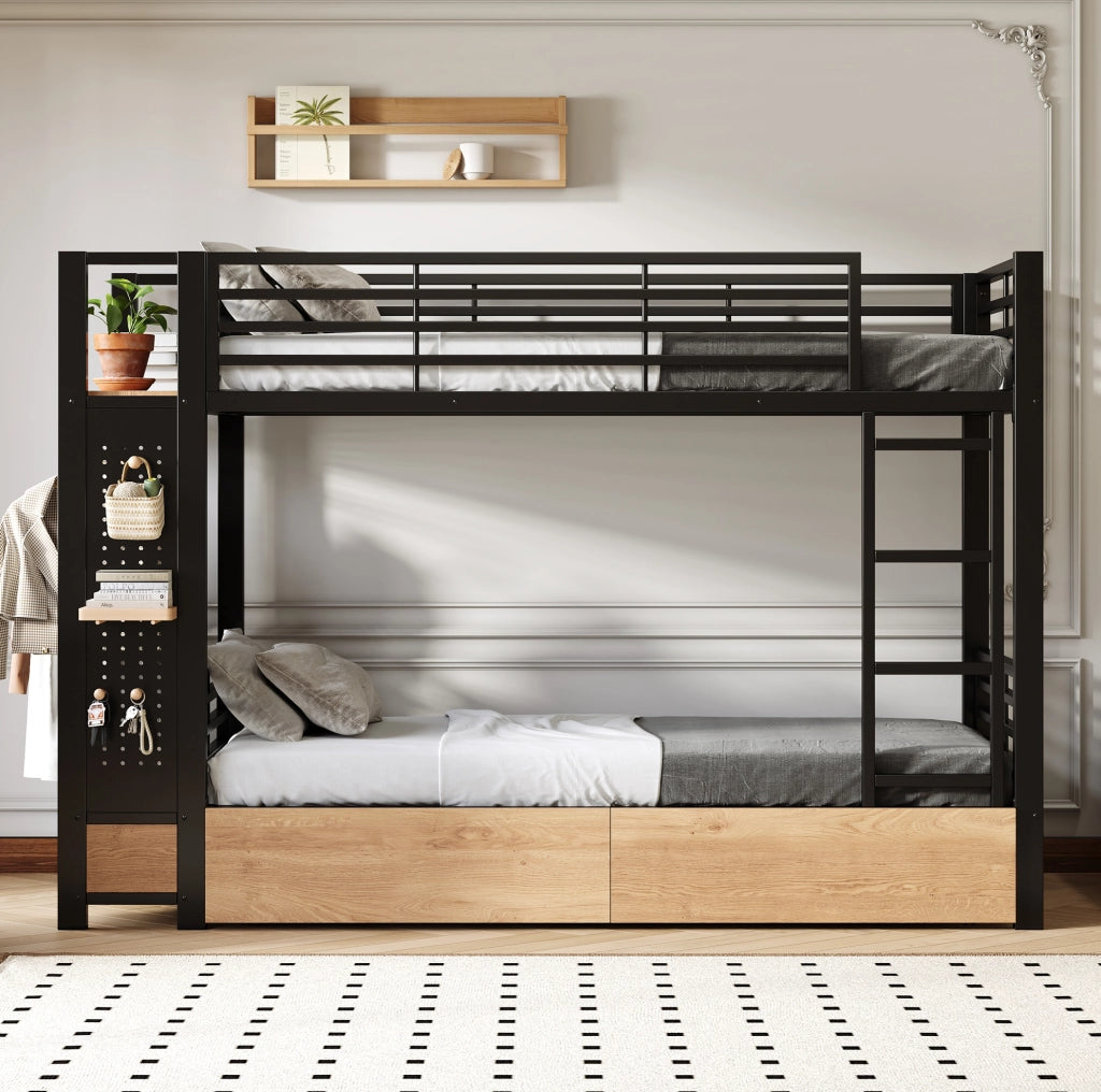 Letto a castello 90 x 200 cm in metallo e MDF con 4 cassetti e LED