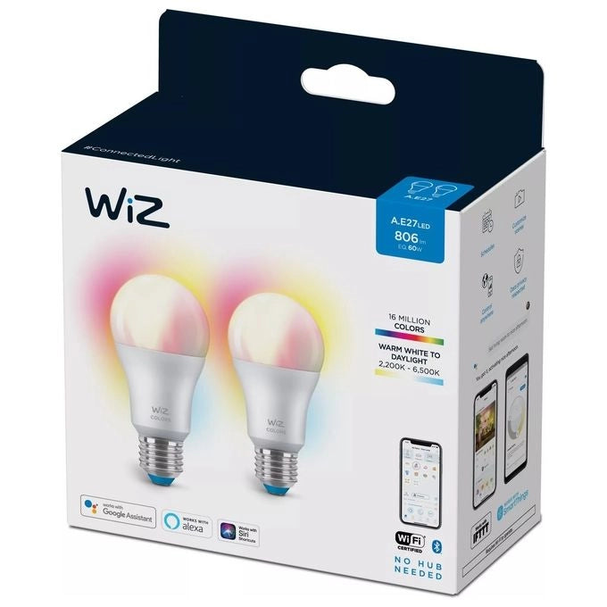 WiZ 929002383632 Color Lampadina Smart WiFi A60 E27 8W 806lm RGB 2200K-6500K SpaceSense 2 Pezzi colore Bianco