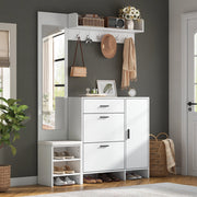 Mobile ingresso con specchio, panca, 6 ganci, 1 cassetto, 2 ante ribaltabili e 4 vani, in MDF bianco, 140 × 30 × 200 cm