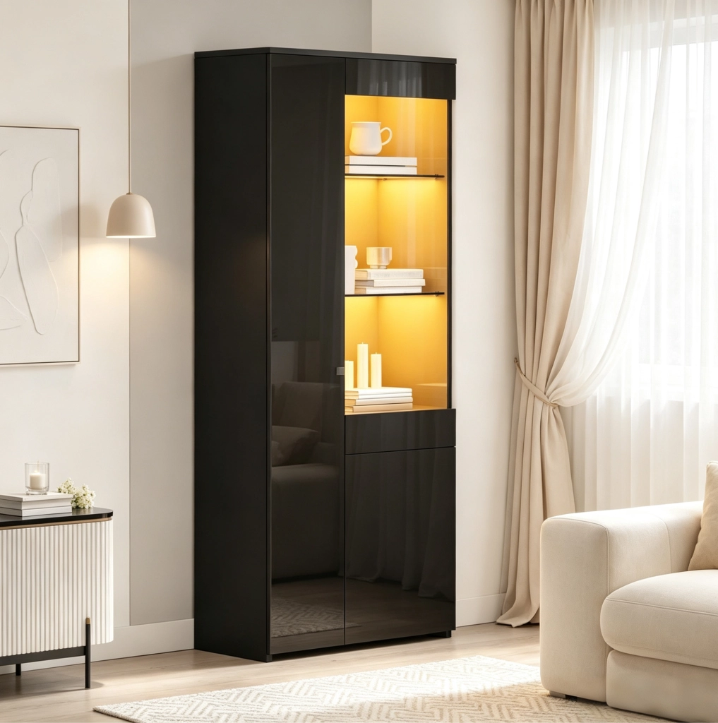 Vetrina alta 70x35x180 cm in truciolare nero con LED; 2 ante; cassetto e vetro temperato